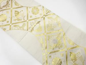 アンティーク　斜め格子に向かい鶴・蝶・桐模様織り出し全通袋帯（材料）